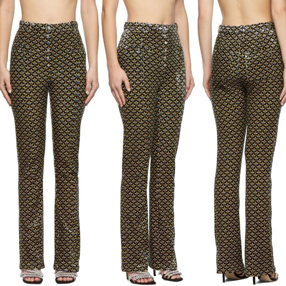 Poco Rabanne Yellow and Black Velvet Printed Trousers Size 44 - 41278